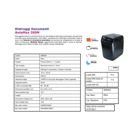 Distruggidocumenti uso moderato FELLOWES AutoMax™ 200M - P-5 - 32 L - taglio a microframmenti 2x14 mm nero - 4656301